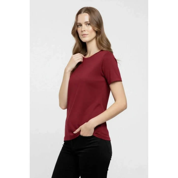 T-Shirt Bisiklet Yaka Slim Fit Likralı Tişört Günlük Basic Body - Bordo