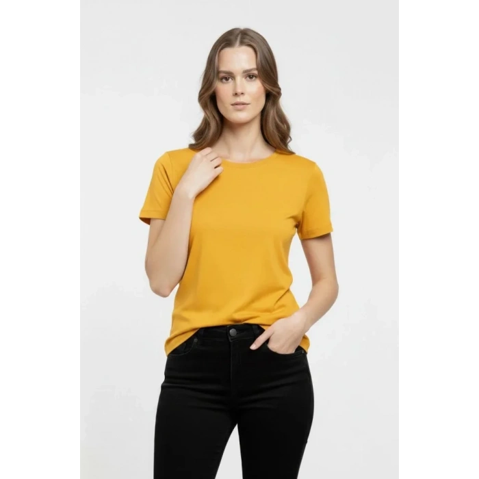 T-Shirt Bisiklet Yaka Slim Fit Likralı Tişört Günlük Basic Body - Sarı