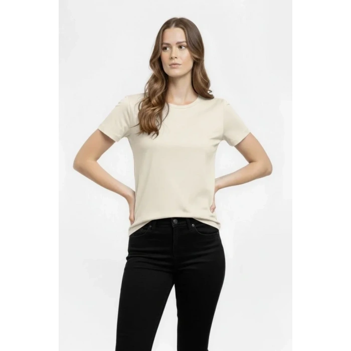 T-Shirt Bisiklet Yaka Slim Fit Likralı Tişört Günlük Basic Body - Taş