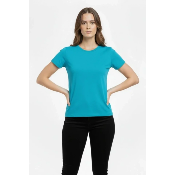 T-Shirt Bisiklet Yaka Slim Fit Likralı Tişört Günlük Basic Body - Turkuvaz