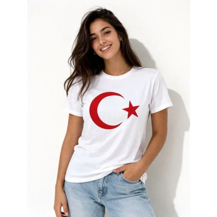 T-Shirt Kısa Kol Bisiklet Yaka Ay Yıldız Bayrak Baskılı Tişört - Beyaz