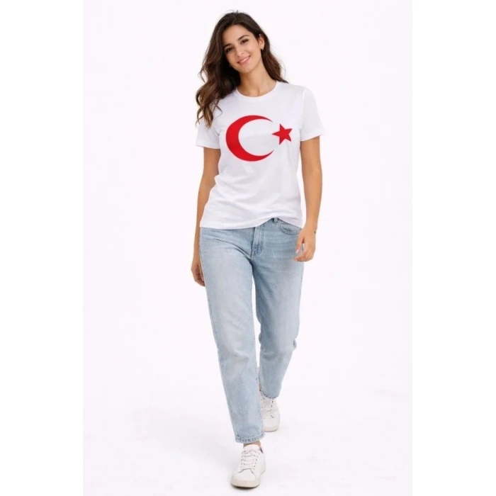 T-Shirt Kısa Kol Bisiklet Yaka Ay Yıldız Bayrak Baskılı Tişört - Beyaz