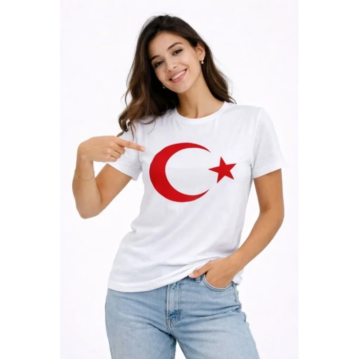 T-Shirt Kısa Kol Bisiklet Yaka Ay Yıldız Bayrak Baskılı Tişört - Beyaz