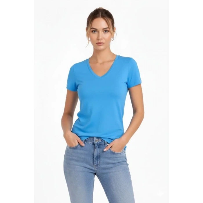 T-Shirt V Yaka Slim Fit Likralı Tişört Günlük Basic Body - Açık Mavi