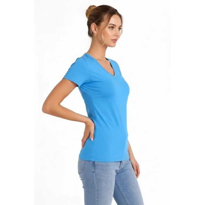 T-Shirt V Yaka Slim Fit Likralı Tişört Günlük Basic Body - Açık Mavi