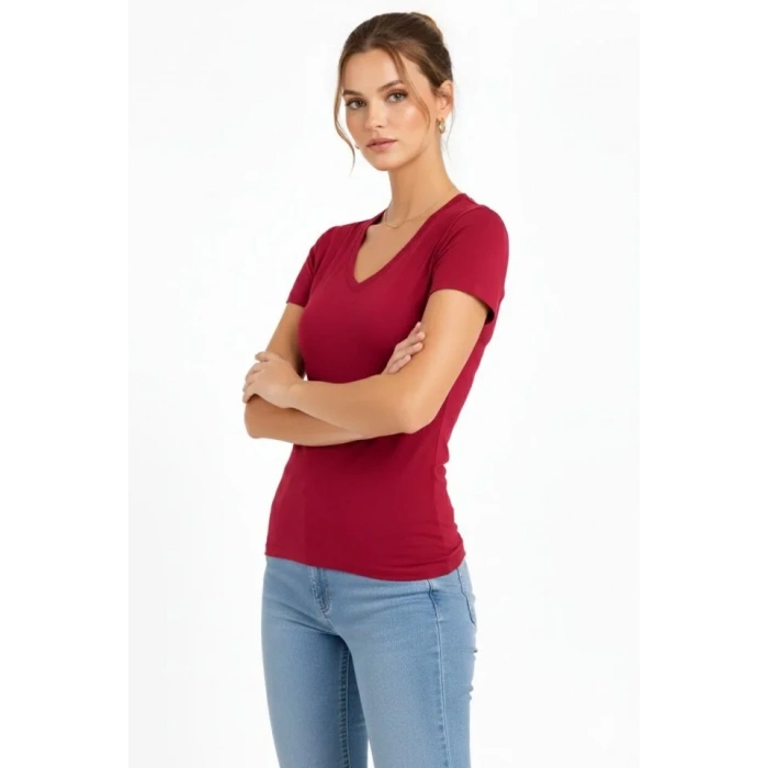 T-Shirt V Yaka Slim Fit Likralı Tişört Günlük Basic Body - Bordo