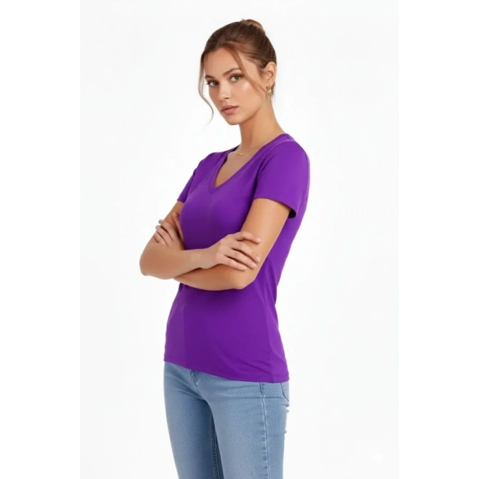 T-Shirt V Yaka Slim Fit Likralı Tişört Günlük Basic Body - Mor