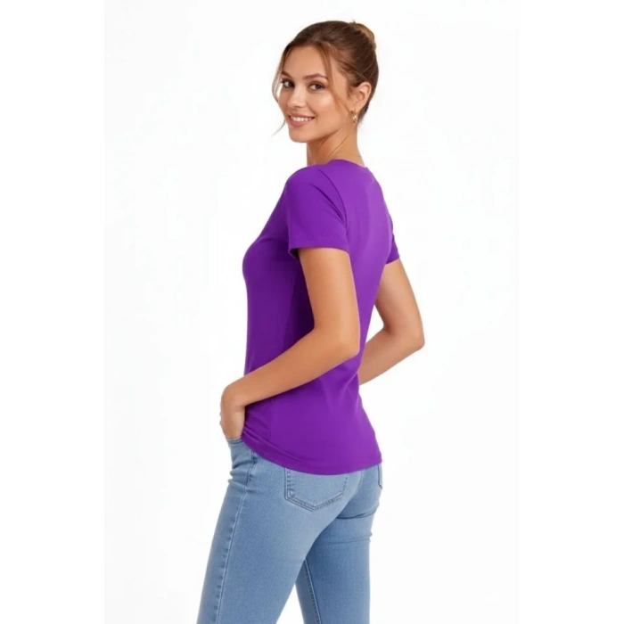 T-Shirt V Yaka Slim Fit Likralı Tişört Günlük Basic Body - Mor