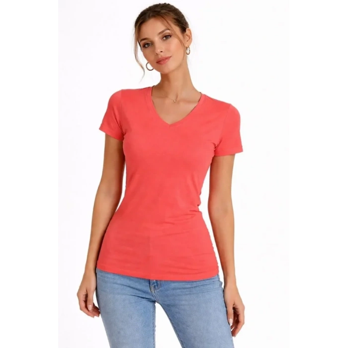 T-Shirt V Yaka Slim Fit Likralı Tişört Günlük Basic Body - Nar Çiçeği
