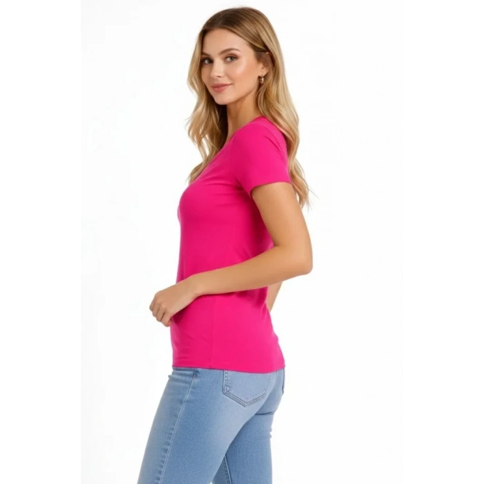 T-Shirt V Yaka Slim Fit Likralı Tişört Günlük Basic Body - Pembe