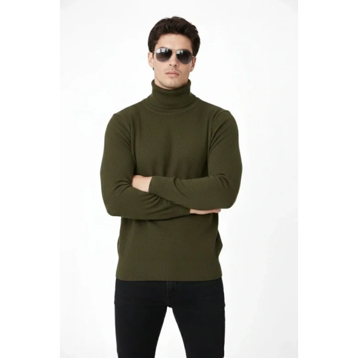 Tam Boğazlı Balıkcı Yaka Triko Kazak Yumuşak Dokulu Pamuklu Ince Dokuma, Uzun Kollu Rahat Regular Kalıp - Haki