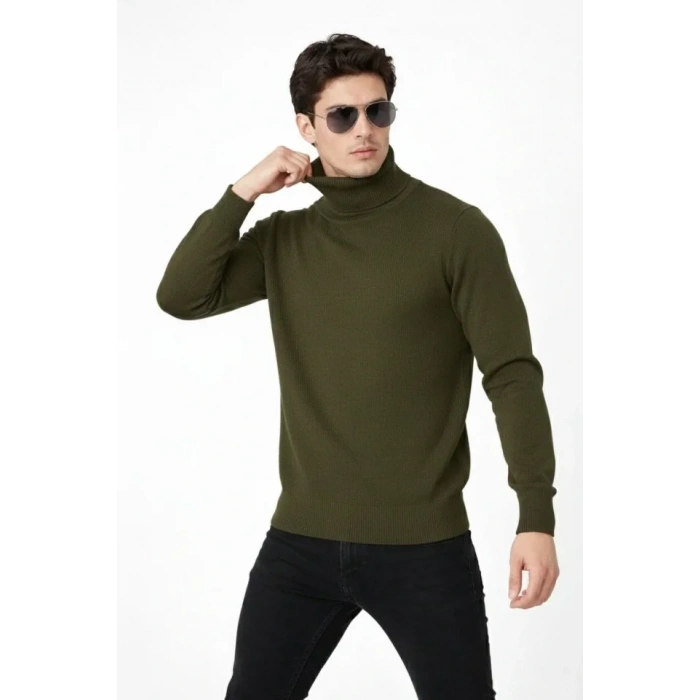 Tam Boğazlı Balıkcı Yaka Triko Kazak Yumuşak Dokulu Pamuklu Ince Dokuma, Uzun Kollu Rahat Regular Kalıp - Haki