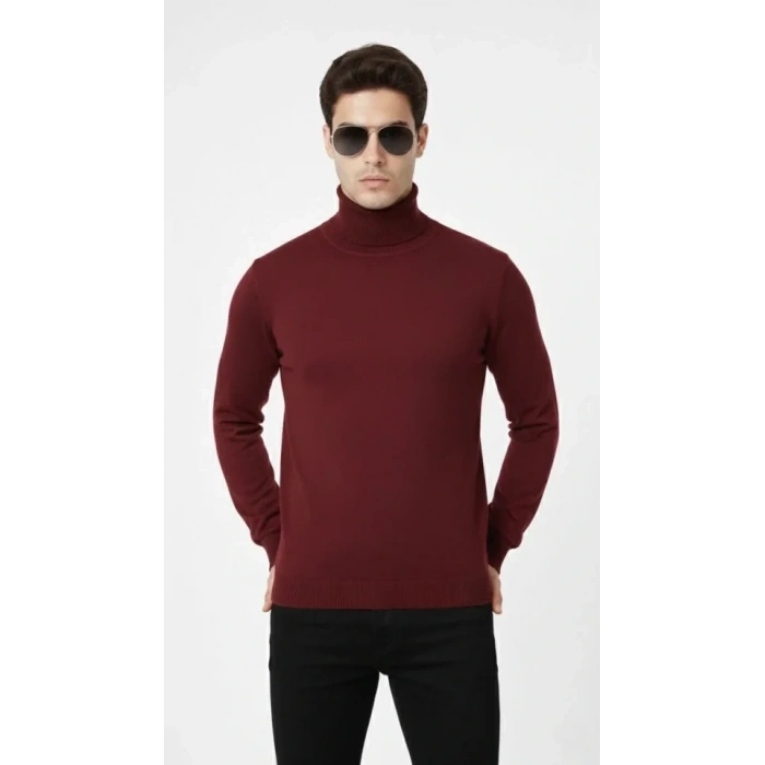 Tam Boğazlı Balıkcı Yaka Triko Kazak Yumuşak Dokulu Pamuklu Ince Dokuma, Uzun Kollu Rahat Regular Kalıp - Bordo