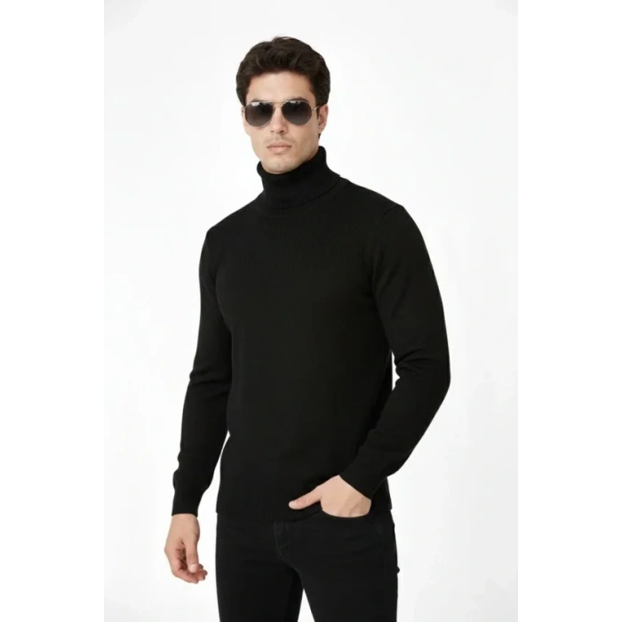 Tam Boğazlı Balıkcı Yaka Triko Kazak Yumuşak Dokulu Pamuklu Ince Dokuma Uzun Kollu - Siyah