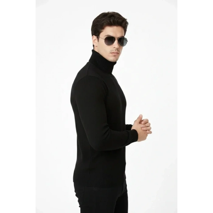 Tam Boğazlı Balıkcı Yaka Triko Kazak Yumuşak Dokulu Pamuklu Ince Dokuma Uzun Kollu - Siyah