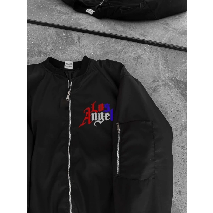 Tam Fermuarlı Uzun Kol Baskılı Bomber Ceket - Siyah