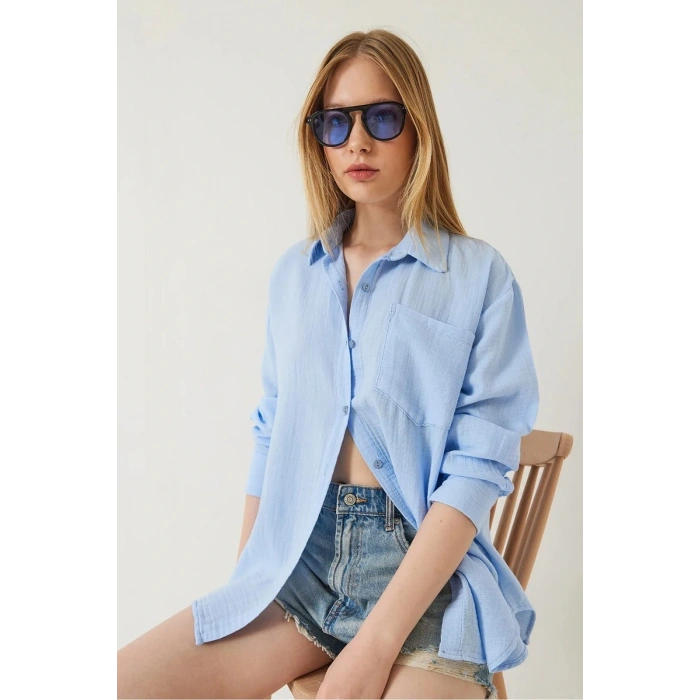 Tek cepli müslin gömlek mavi pt