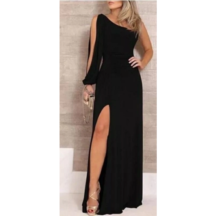 Tek Omuz Açık Derin Yırtmaçlı Krep Tam Boy Elbise