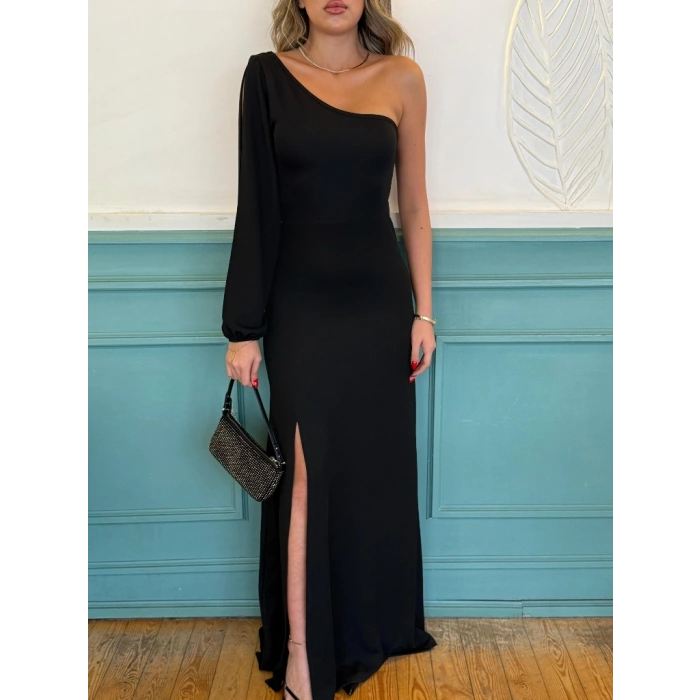 Tek Omuz Açık Derin Yırtmaçlı Krep Tam Boy Elbise