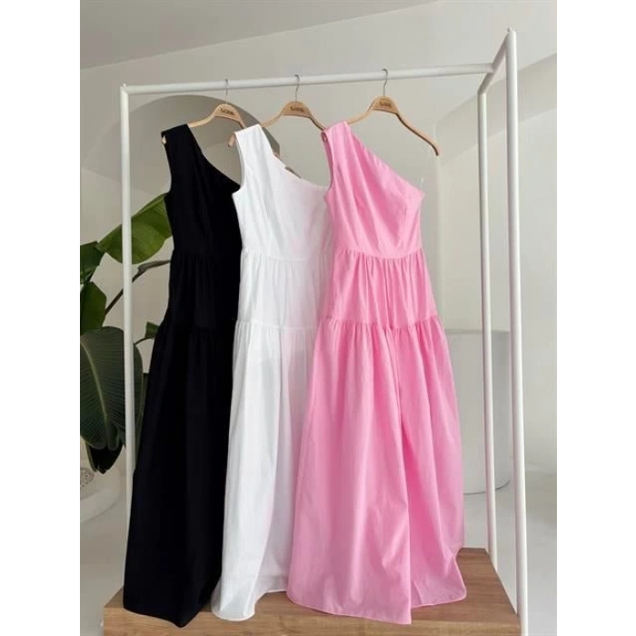 Tek Omuzlu Pile Detay Maxi Elbise 2895