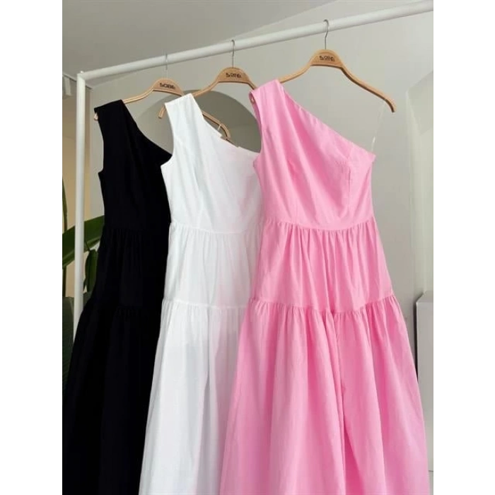 Tek Omuzlu Pile Detay Maxi Elbise 2895