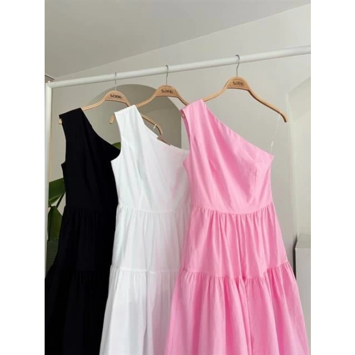 Tek Omuzlu Pile Detay Maxi Elbise 2895