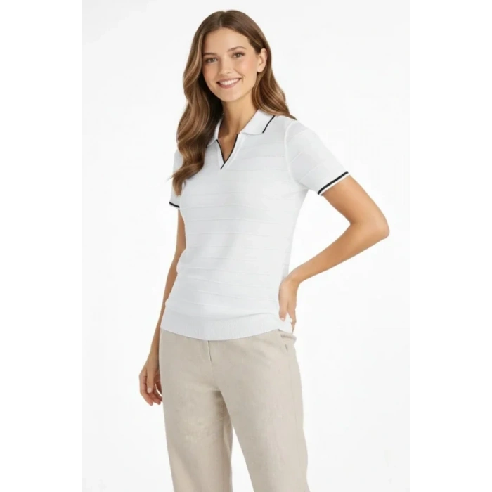 Triko Kumaş Yakalı Düğmesiz Açık Yaka Fitilli Kısa Kollu Regular Fit Tişört T-shirt - Beyaz