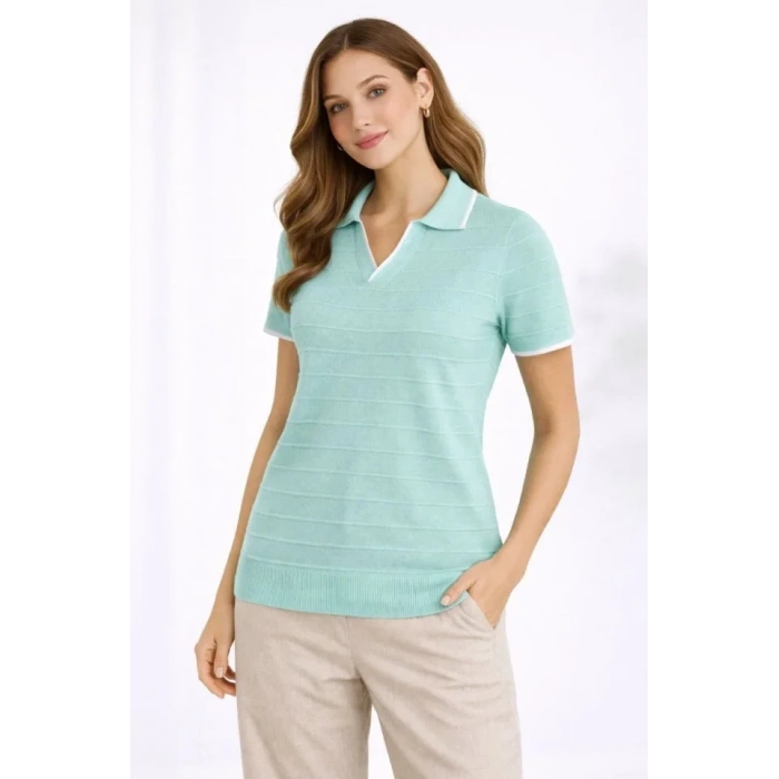 Triko Kumaş Yakalı Düğmesiz Açık Yaka Fitilli Kısa Kollu Regular Fit Tişört T-shirt - Mint Yeşili