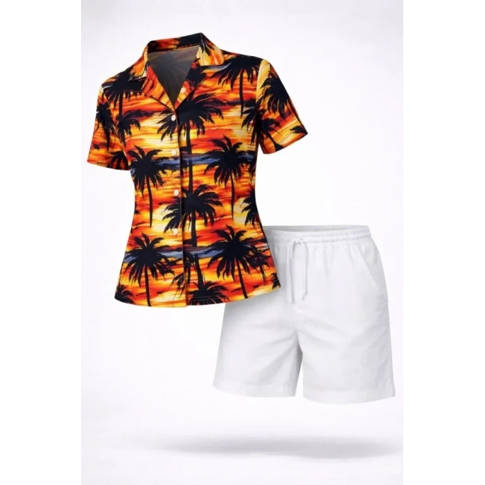 Tropikal Palmiye Desenli Gömlek Şort Takım Yazlık Rahat Kalıp - Desenli