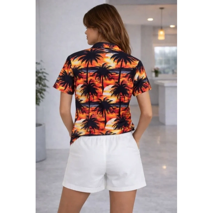 Tropikal Palmiye Desenli Gömlek Şort Takım Yazlık Rahat Kalıp - Desenli