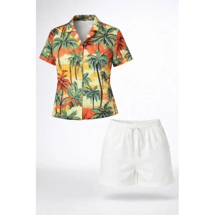 Tropikal Palmiye Desenli Kısa Kol Gömlek Şort Takım Yazlık Rahat - Desenli