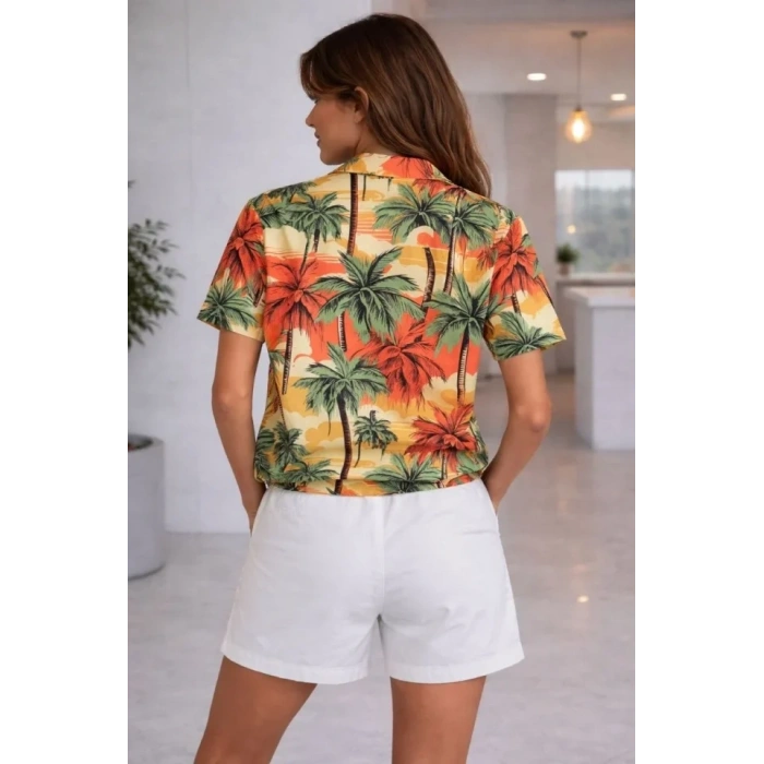 Tropikal Palmiye Desenli Kısa Kol Gömlek Şort Takım Yazlık Rahat - Desenli