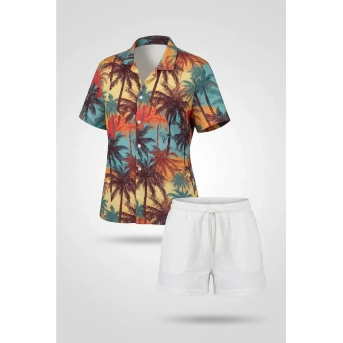Tropikal Palmiye Desenli Kısa Kol Gömlek Şort Takım Yazlık Rahat Kalıp - Desenli
