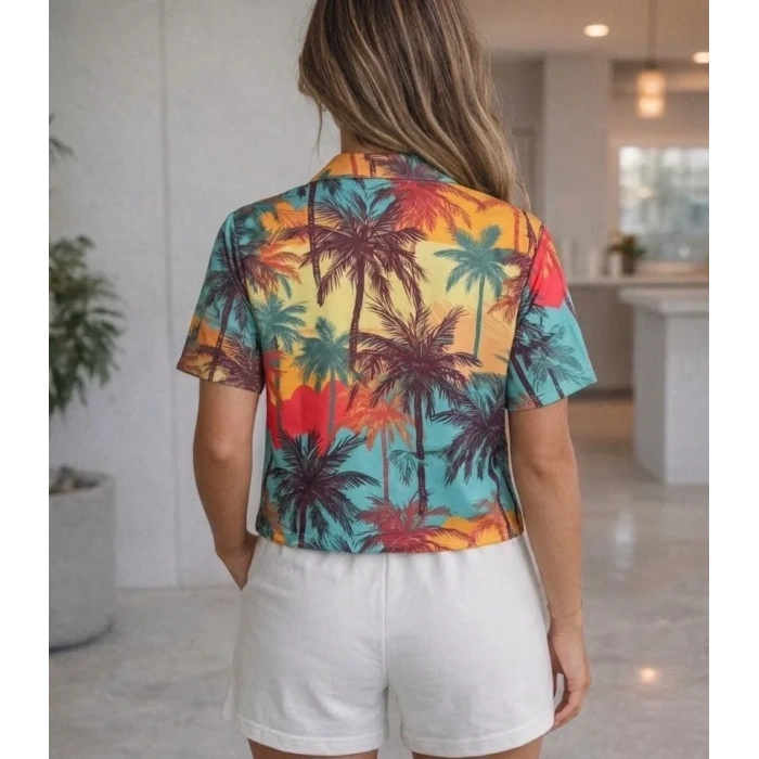 Tropikal Palmiye Desenli Kısa Kol Gömlek Şort Takım Yazlık Rahat Kalıp - Desenli