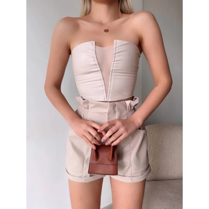 Tüllü deri crop bej w24615