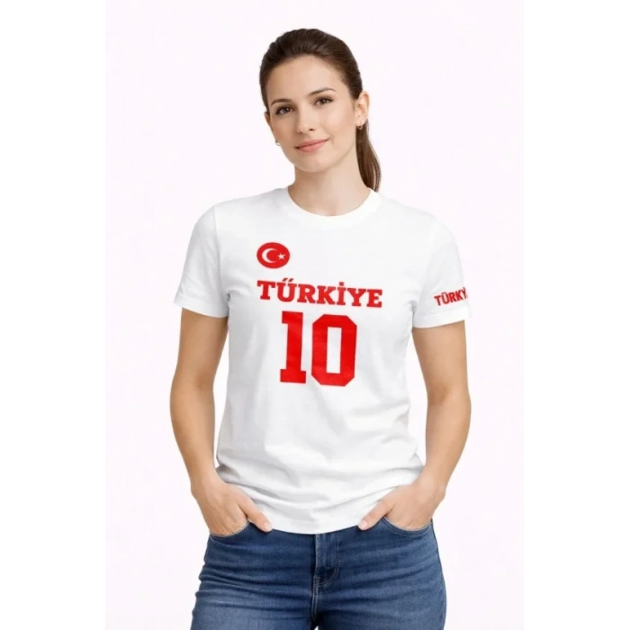 TÜRKİYE Ay Yıldız Baskılı 10 Numara Forma Tişört Taraftar T-Shirt - Beyaz