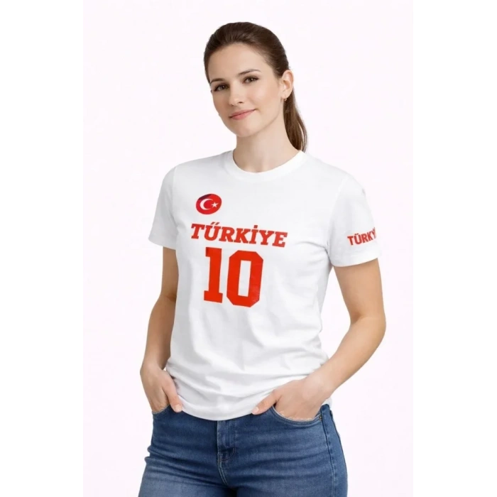 TÜRKİYE Ay Yıldız Baskılı 10 Numara Forma Tişört Taraftar T-Shirt - Beyaz