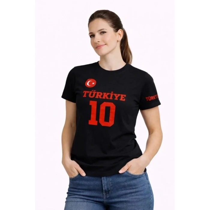 TÜRKİYE Ay Yıldız Baskılı 10 Numara Forma Tişört Taraftar T-Shirt - Siyah