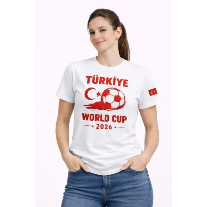 Türkiye World Cup 2026 Baskılı Tişört Futbol Temalı Forma T-Shirt - Beyaz