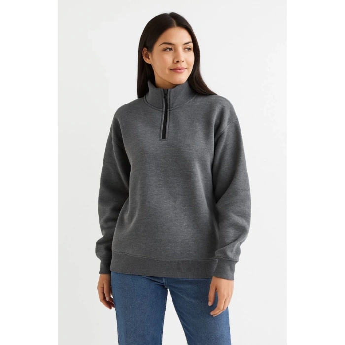 Üç İplik Dık Yaka Yarım Fermuarlı SweatShirt - Antrasit