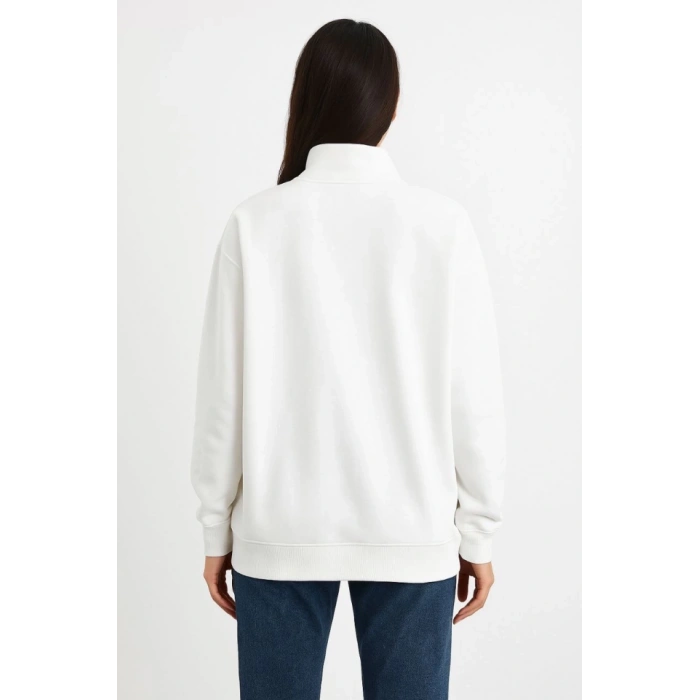 Üç İplik Dık Yaka Yarım Fermuarlı SweatShirt - Beyaz
