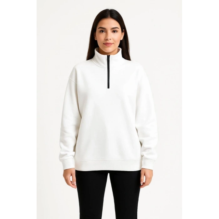 Üç İplik Dık Yaka Yarım Fermuarlı SweatShirt - Beyaz