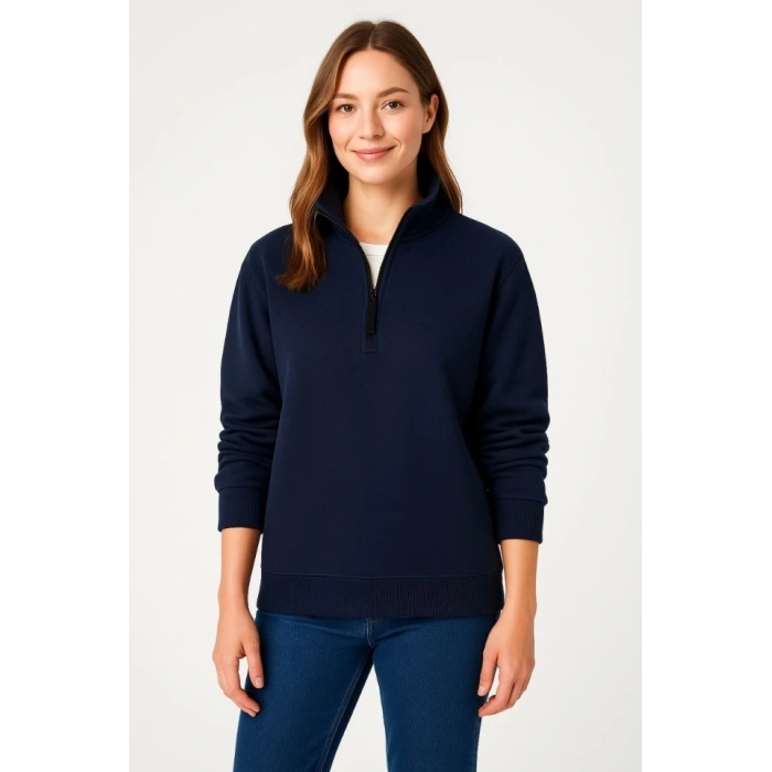 Üç İplik Dık Yaka Yarım Fermuarlı SweatShirt - Lacivert