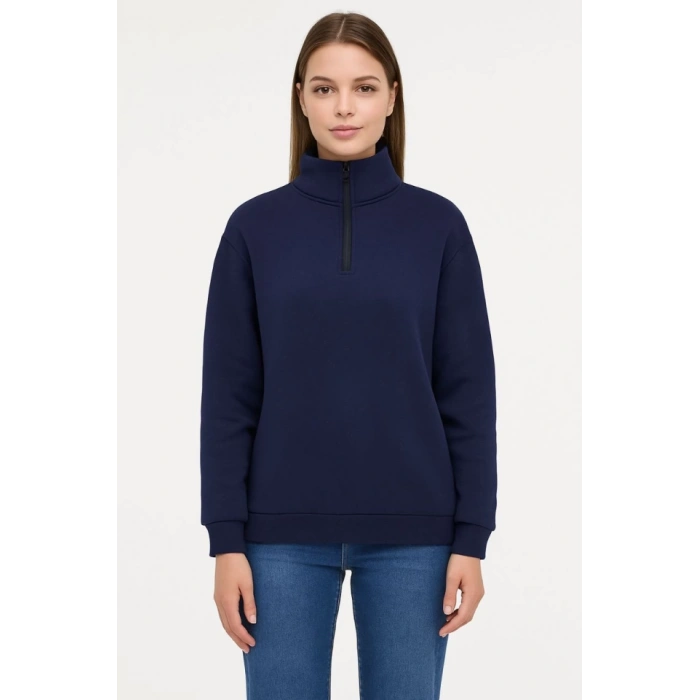 Üç İplik Dık Yaka Yarım Fermuarlı SweatShirt - Lacivert
