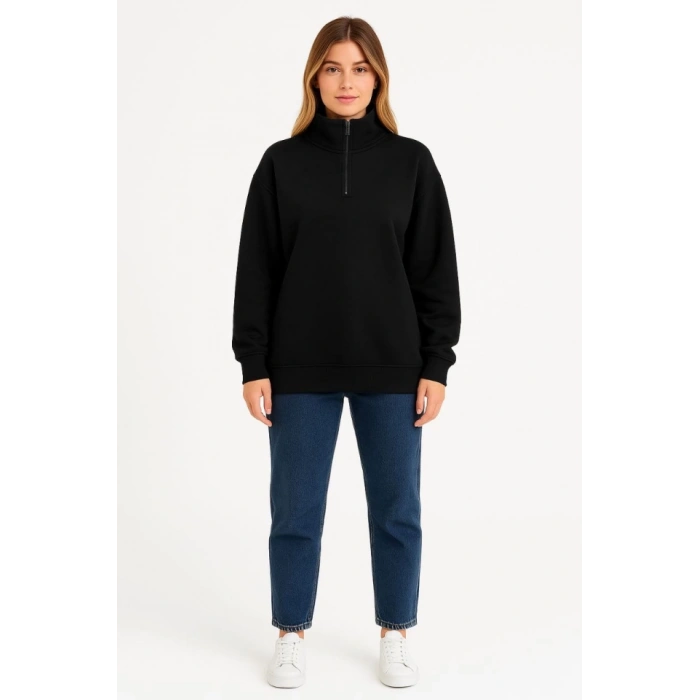 Üç İplik Dık Yaka Yarım Fermuarlı SweatShirt - Siyah