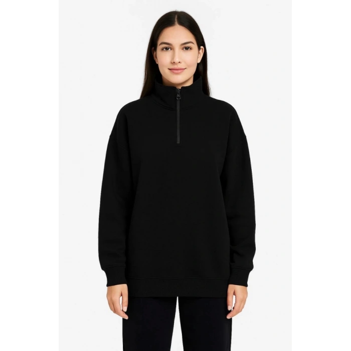 Üç İplik Dık Yaka Yarım Fermuarlı SweatShirt - Siyah