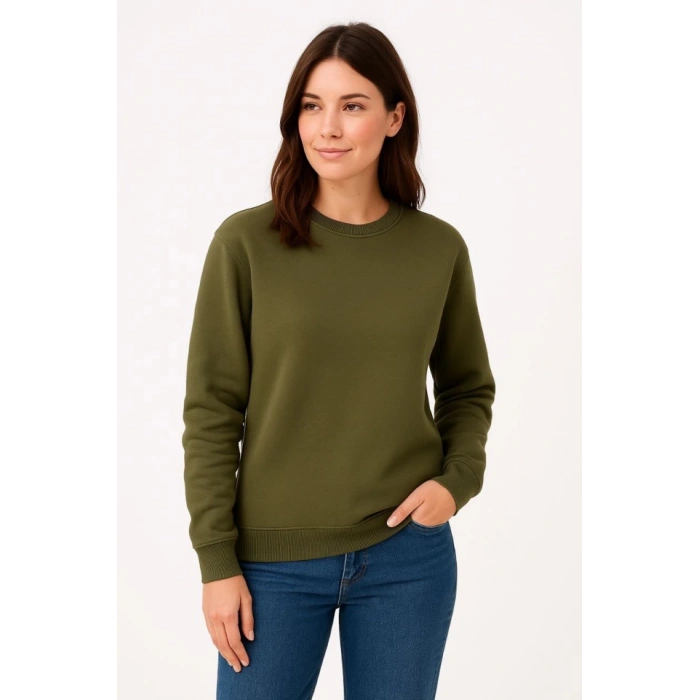 Üç İplik Düz Bisiklet Yaka SweatShirt - Haki