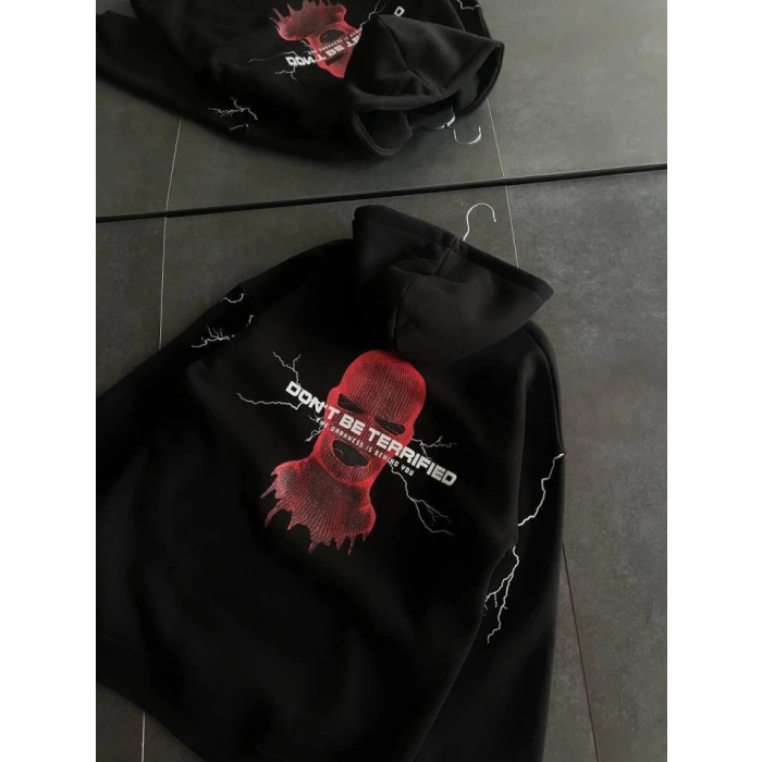 Üç İplik Kapşonlu Baskılı Oversize SweatShirt- Siyah