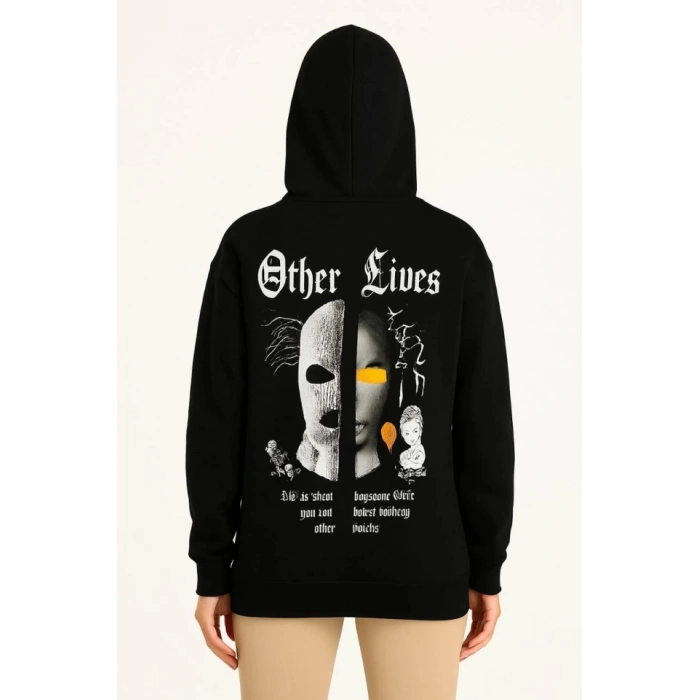 Üç İplik Kapşonlu ön Ve Arka Baskılı SweatShirt Hoodie- Siyah