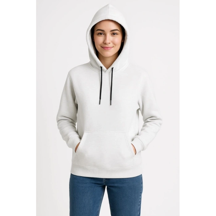 Üç İplik Kapüşonlu Kanguru Çepli SweatShirt Hoodie - Beyaz